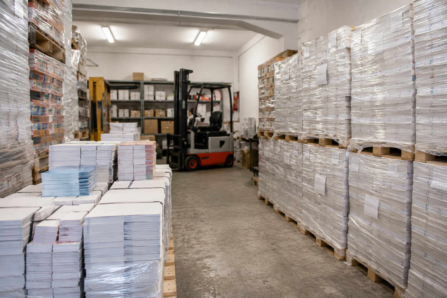 Magazzino New Post con pallet di volantini e muletto