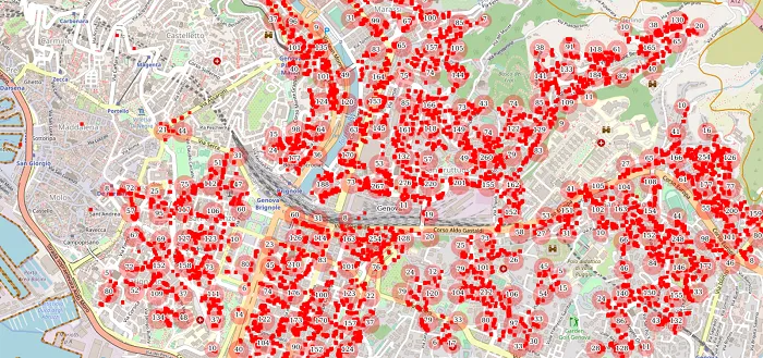 Mappa di Genova con i punti di consegna volantini rilevati via GPS